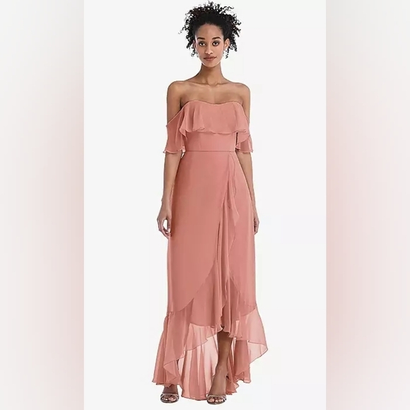 THREAD-OFF THE SHOULDER RUFFLED HIGH LOW MAXI DRESS IN DESERT ROSE - Picture 2 of 12